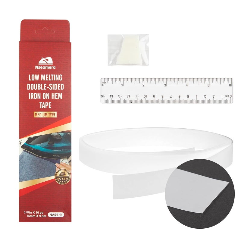 Nseamera Hem Tape 5/8 Inch x 10 Yards – Low Melting Point Iron-On Hemming Tape for Pants, Curtains, T-Shirts – Heavy Duty, Washable, No Sew Fabric Adhesive - Image 1